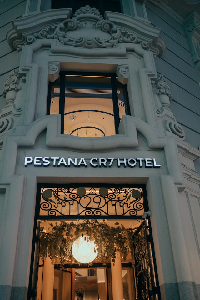 The entrance to the Pestana CR7 Hotel in Madrid, Spain