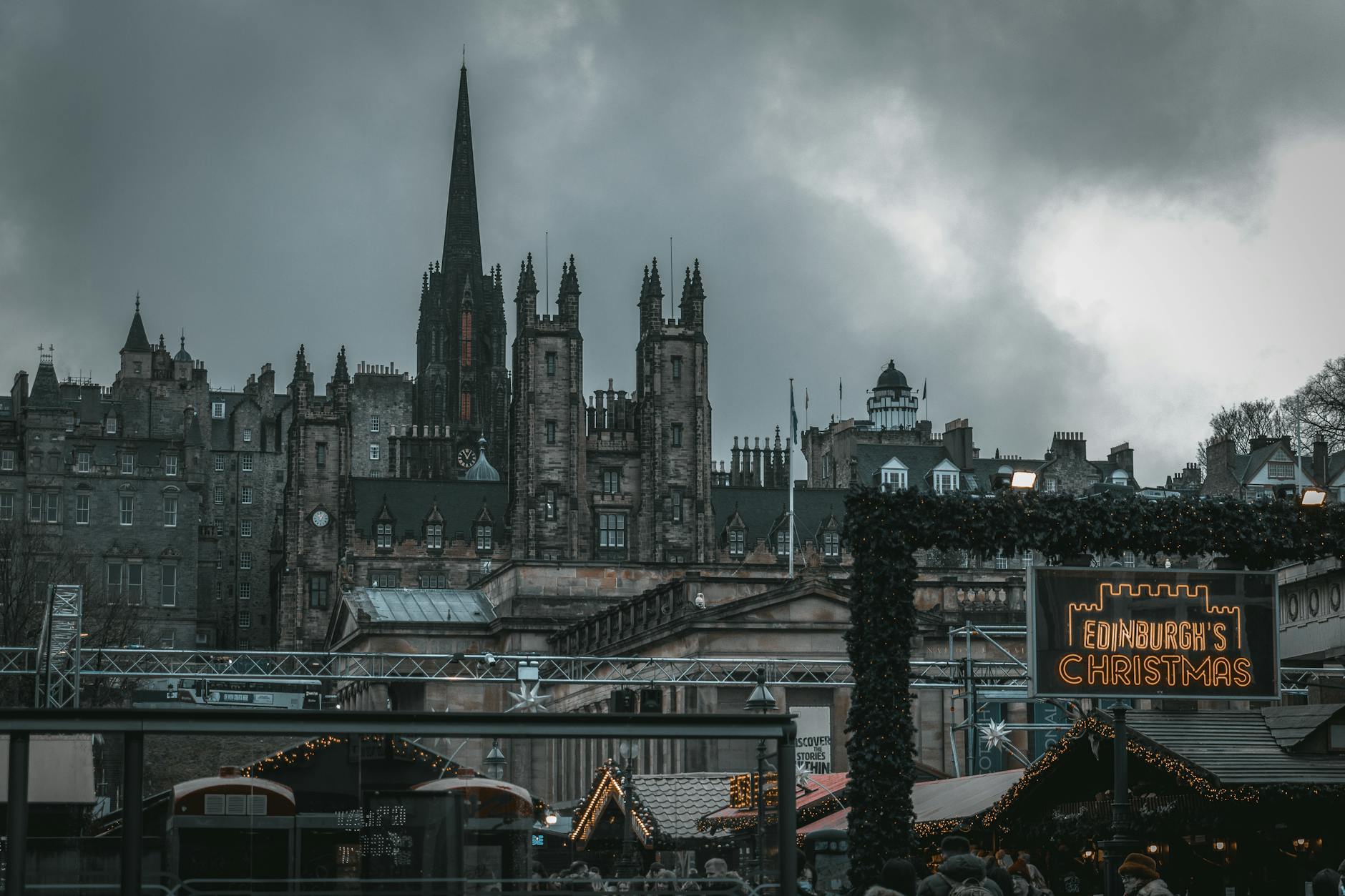 old gothic buildings on cloudy sky background